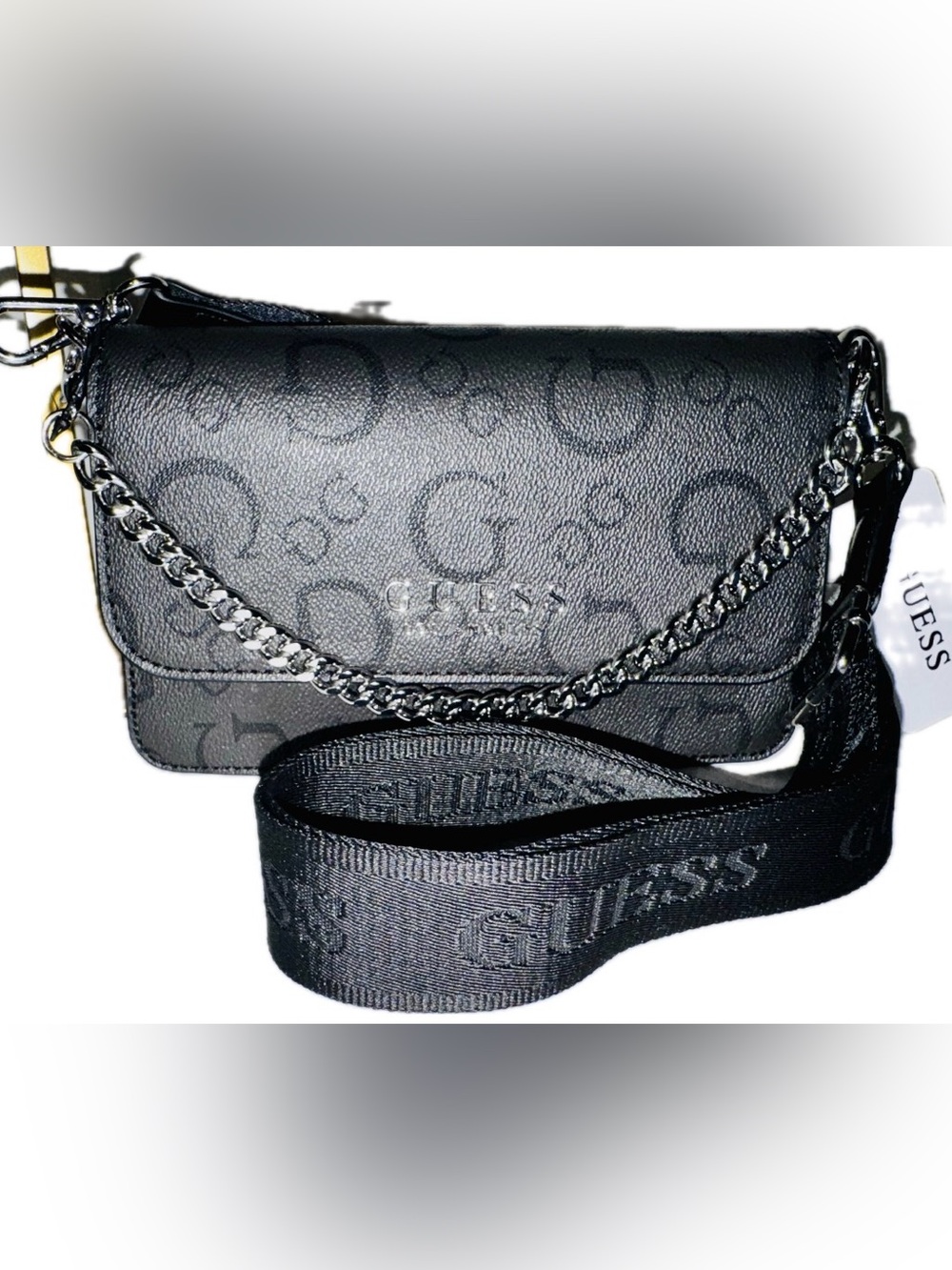 GUESS Black Logo-Embossed Crossbody with Chain and Webbing Strap